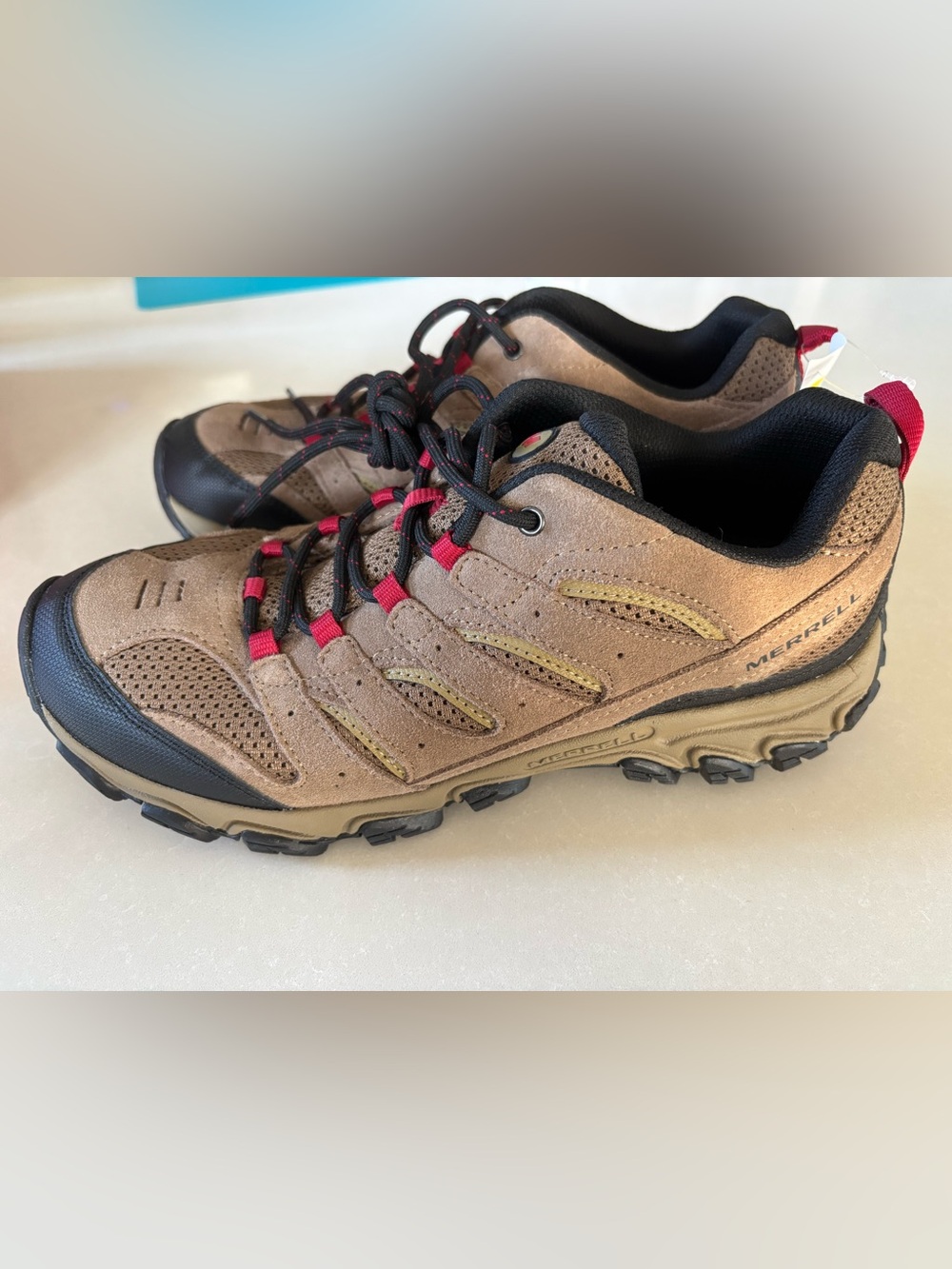 Merrell Brown Suede Trail Sneaker with Red Accents